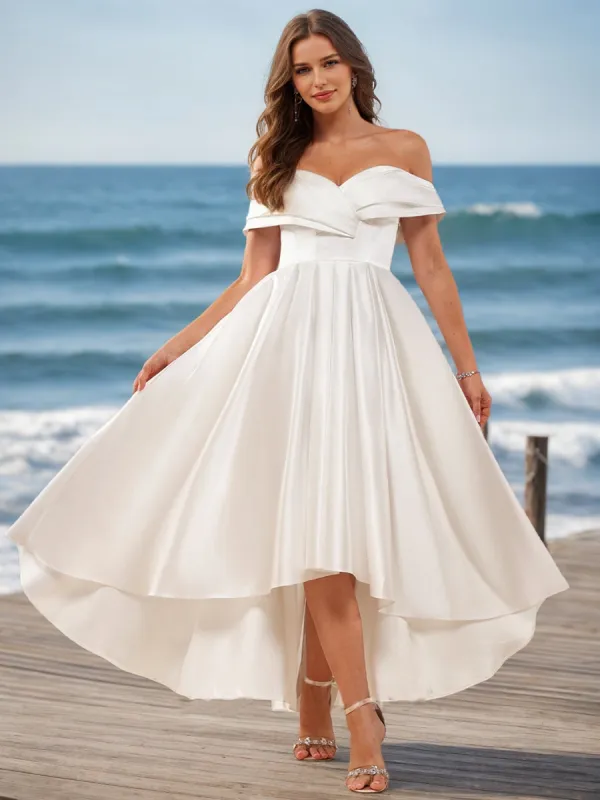 A-Line/Princess Off-the-Shoulder Short Sleeves Bow knot Wedding Dresses sold by Lavetir