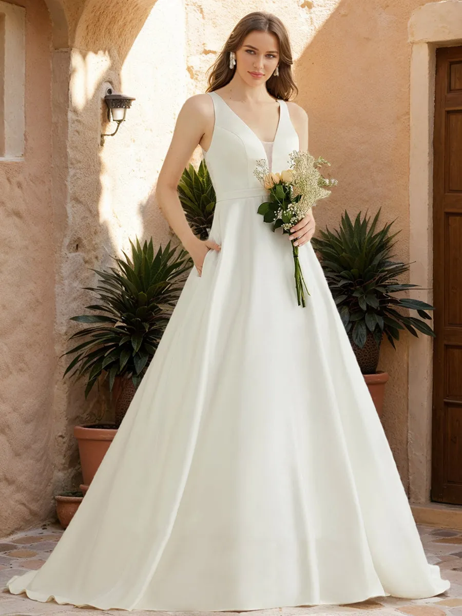 A-Line/Princess V-Neck Sleeveless Ruched Wedding Dresses sold by Lavetir