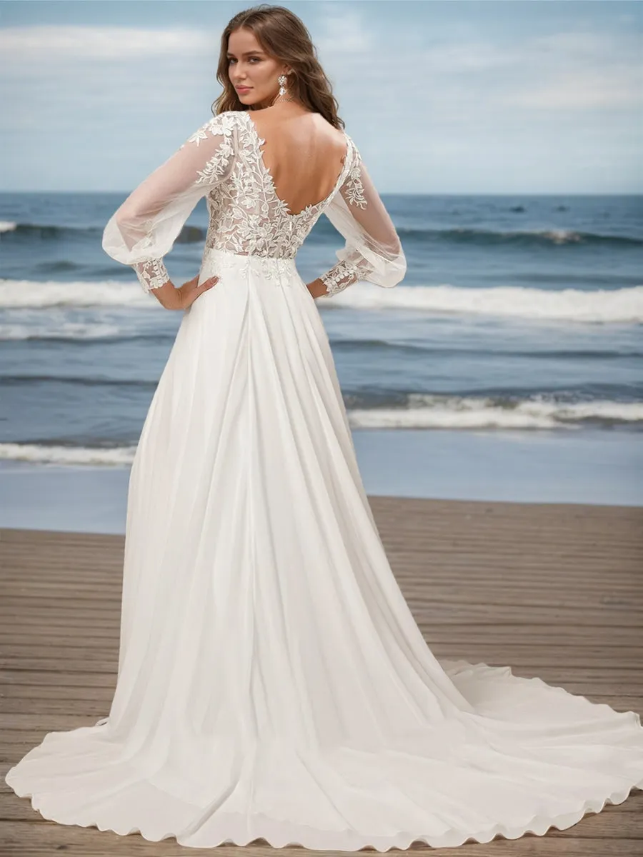A-Line/Princess V-Neck Long Sleeves Split Side Wedding Dresses sold by Lavetir product image thumbnail 2