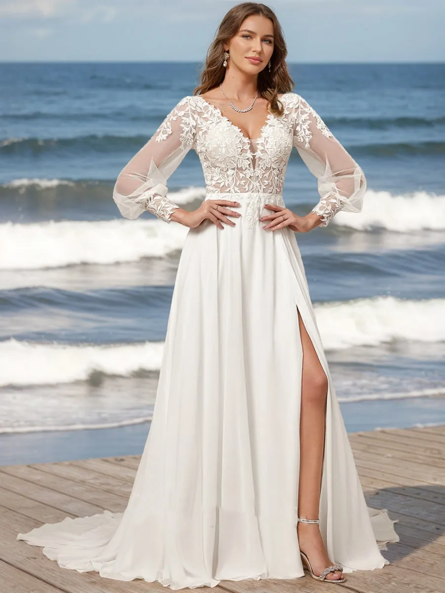 A-Line/Princess V-Neck Long Sleeves Split Side Wedding Dresses sold by Lavetir