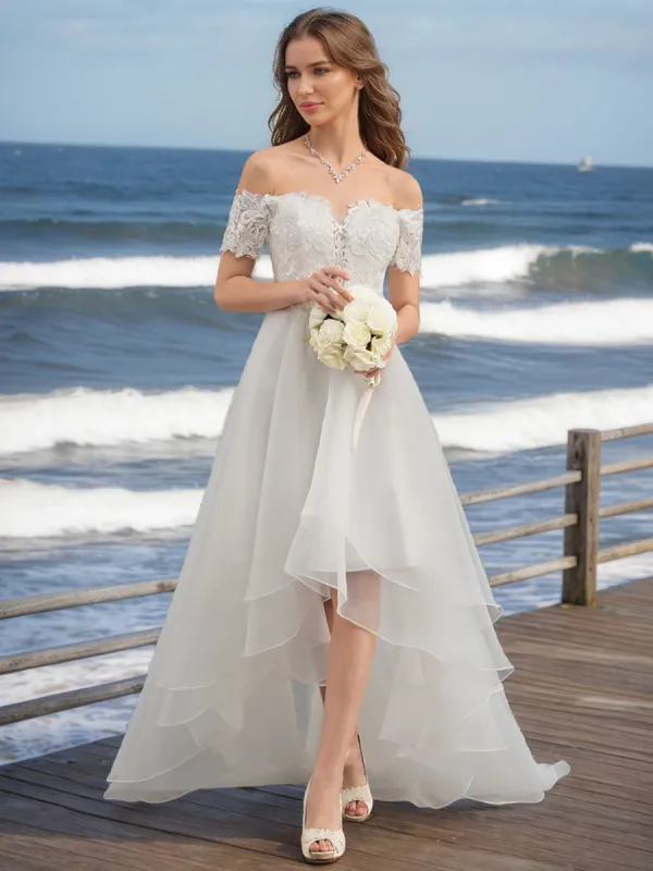 A-Line/Princess Off-the-Shoulder Short Sleeves Ruffles Wedding Dresses sold by Lavetir