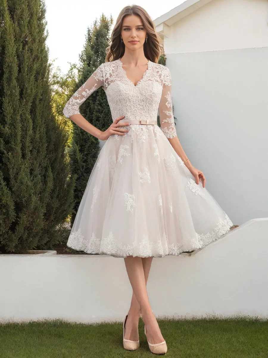 Ball Gown V-Neck Half Sleeves Sash Wedding Dresses sold by Lavetir