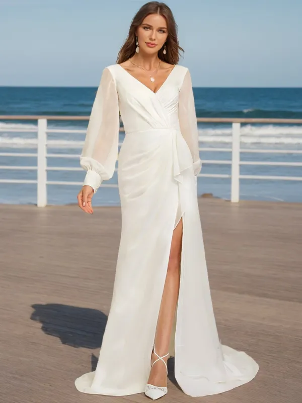 A-Line/Princess V-Neck Long Sleeves Ruffles Wedding Dresses sold by Lavetir
