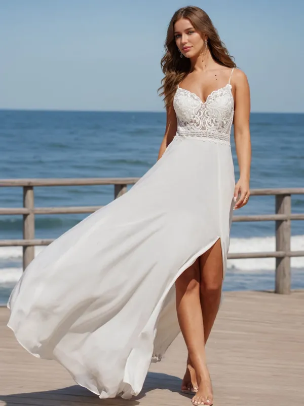 A-Line/Princess V-Neck Lace Chiffon Split Side Wedding Dresses sold by Lavetir