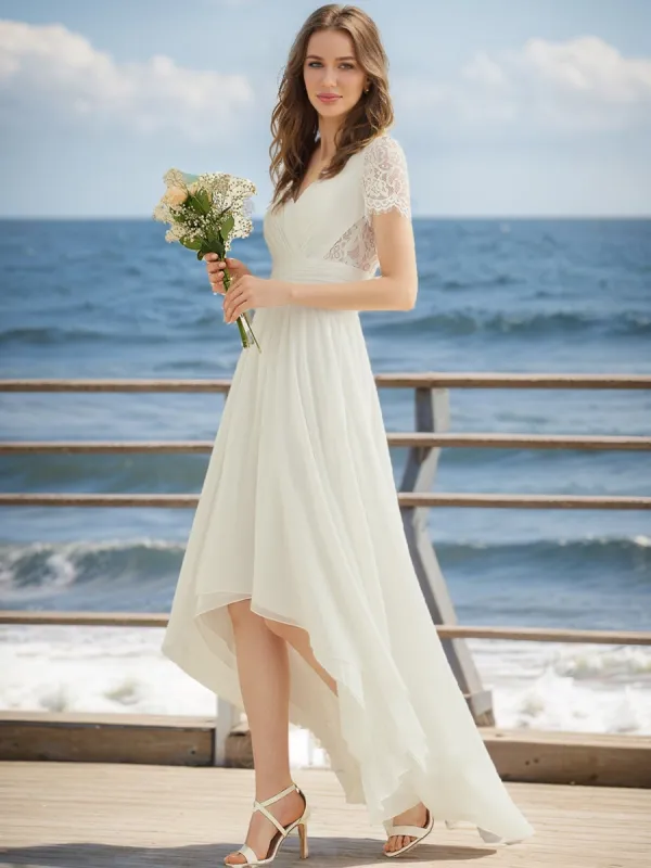 A-Line/Princess V-Neck Short Sleeves Ruched Wedding Dresses sold by Lavetir