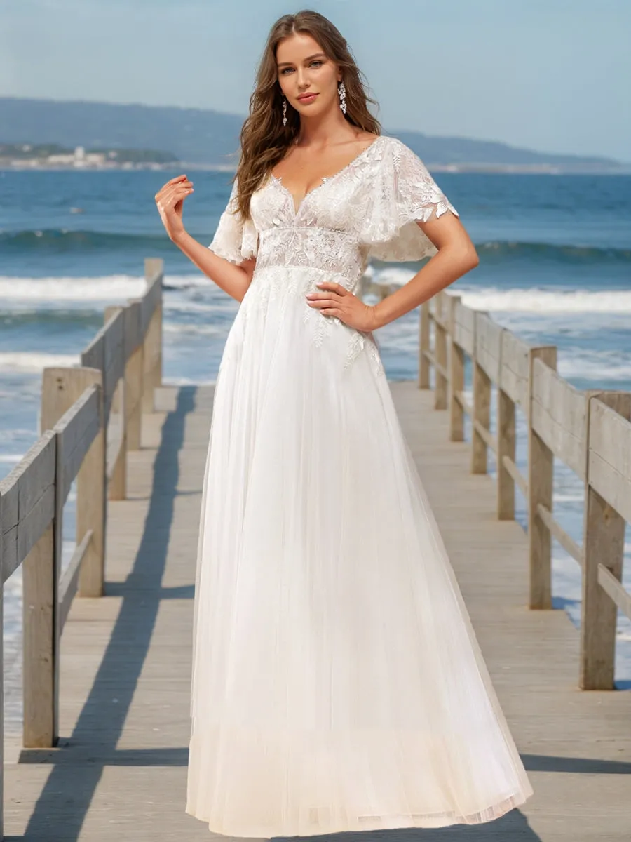 A-Line/Princess V-Neck Short Sleeves Beading Wedding Dresses sold by Lavetir