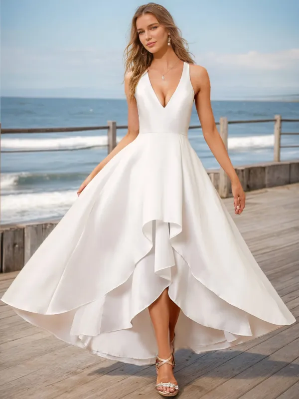 A-Line/Princess V-Neck Sleeveless Tiered Wedding Dresses sold by Lavetir