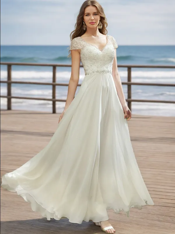 A-Line/Princess V-Neck Short Sleeves Beading Wedding Dresses sold by Lavetir