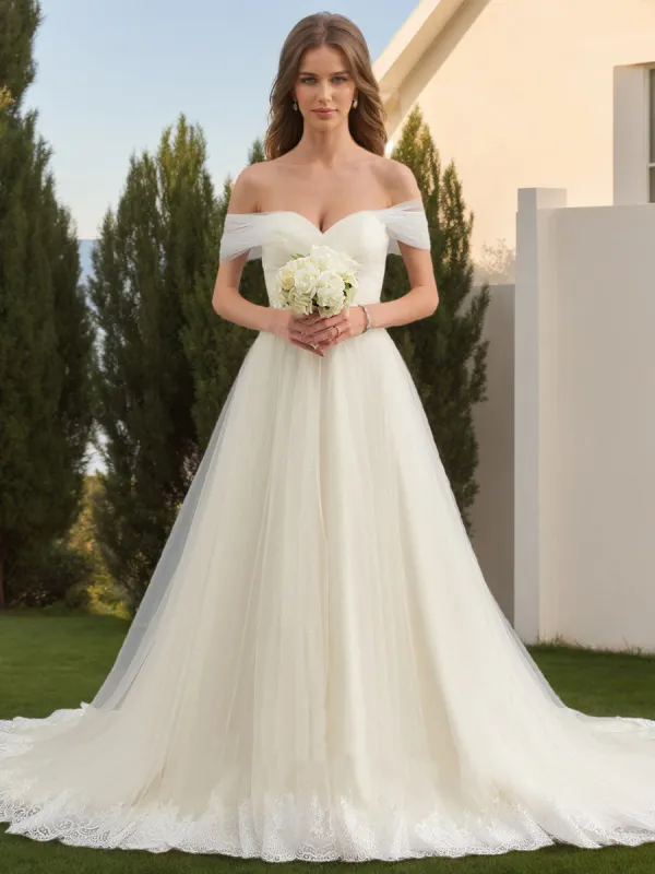 A-Line/Princess Off-the-Shoulder Short Sleeves Ruched Wedding Dresses sold by Lavetir