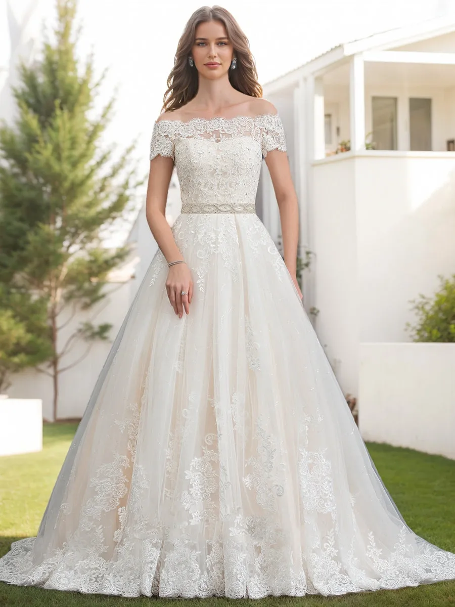 A-Line/Princess Off-the-Shoulder Short Sleeves Beading Wedding Dresses sold by Lavetir