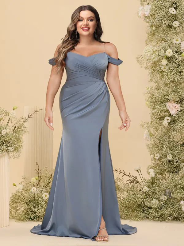 Sheath/Column Off-the-Shoulder Long Formal Plus Size Dresses with Split Side sold by Lavetir