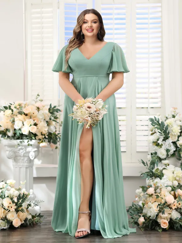 A-Line V-Neck Short Sleeves Split Side Ruffles Chiffon Plus Size Bridesmaid Dresses sold by Lavetir