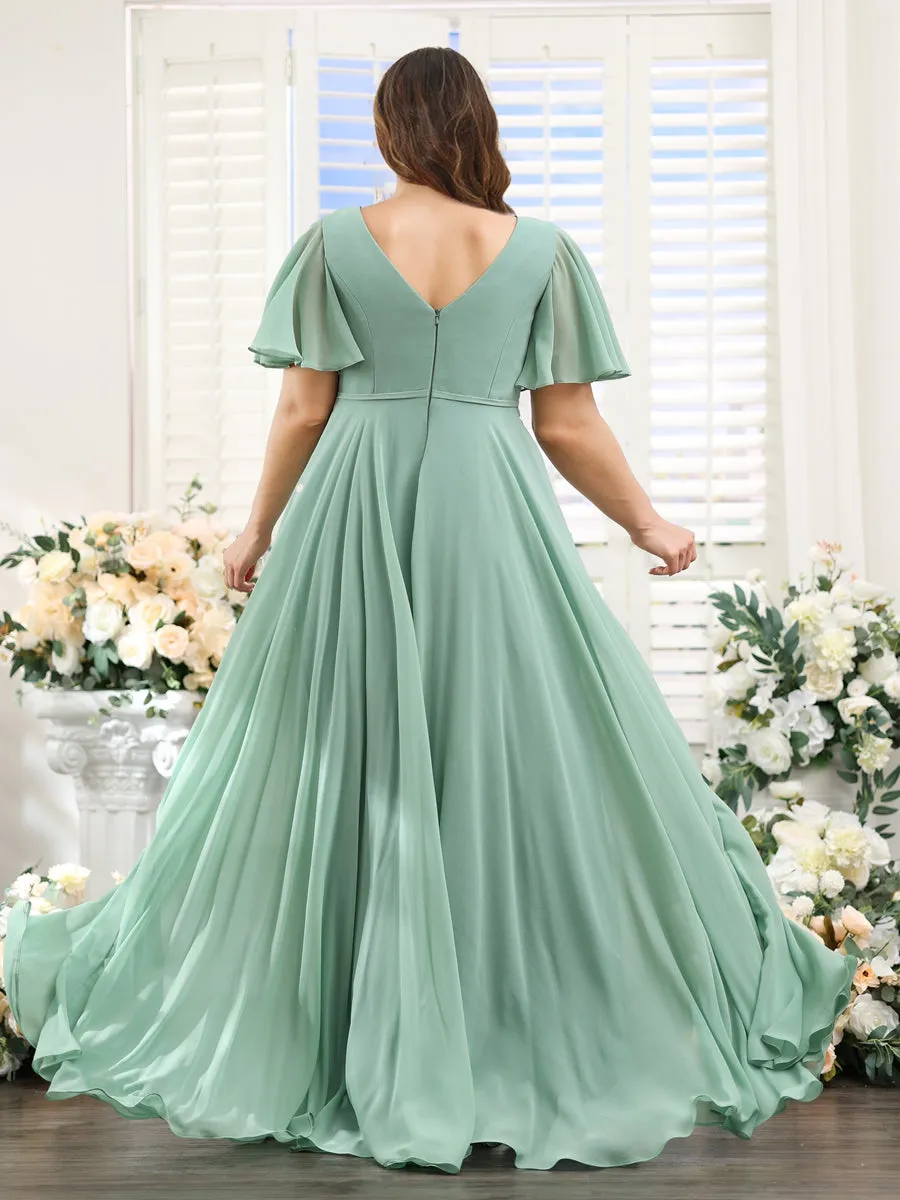A-Line V-Neck Short Sleeves Split Side Ruffles Chiffon Plus Size Bridesmaid Dresses sold by Lavetir product image thumbnail 2