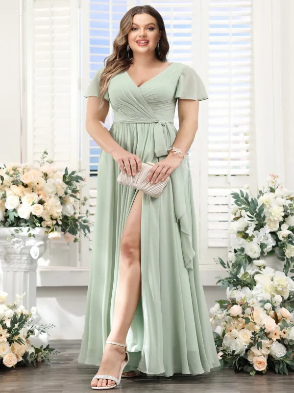 A-Line V-Neck Short Sleeves Split Side Ruched Floor-Length Chiffon Plus Size Bridesmaid Dresses sold by Lavetir