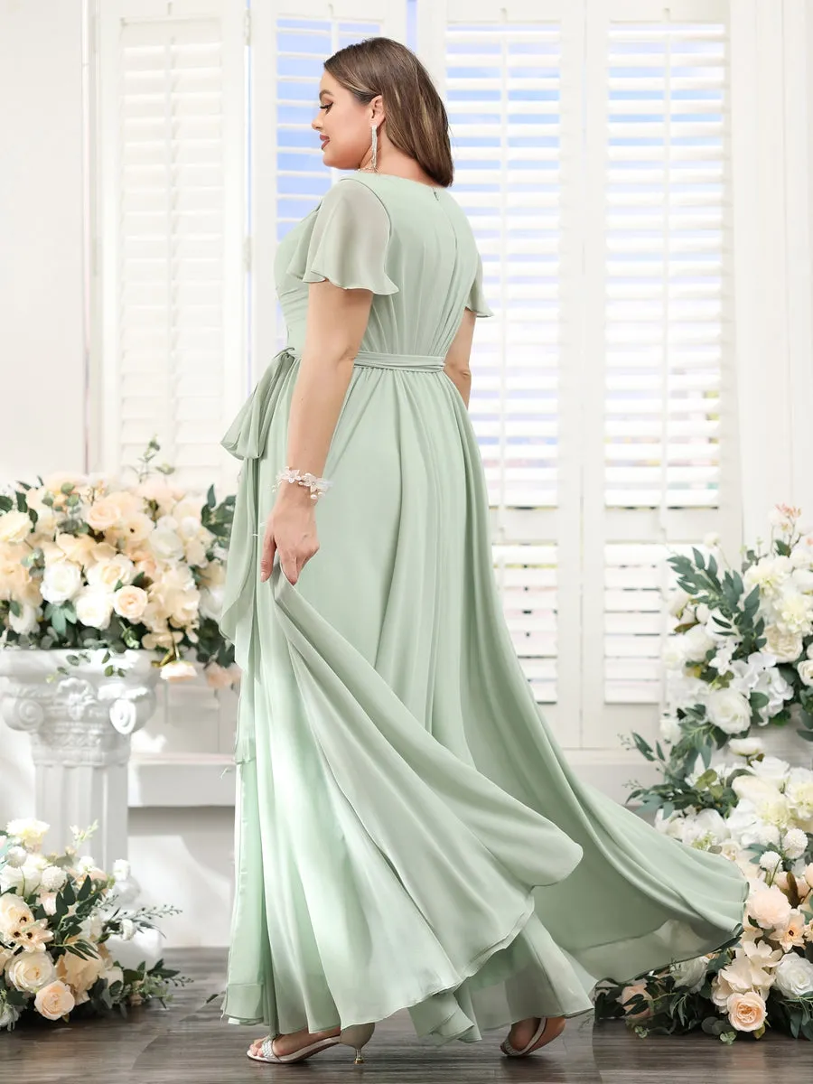 A-Line V-Neck Short Sleeves Split Side Ruched Floor-Length Chiffon Plus Size Bridesmaid Dresses sold by Lavetir product image thumbnail 2