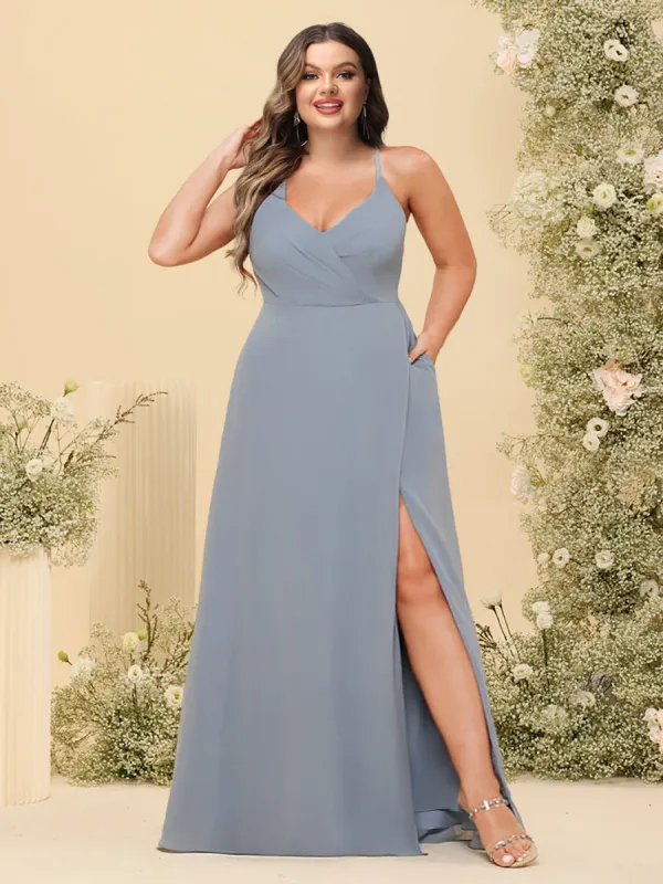 A-Line/Princess Spaghetti Straps Long Plus Size Bridesmaid Dresses with Split Side & Pockets sold by Lavetir