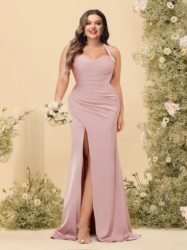 Sheath/Column Halter Sweetheart Long Formal Plus Size Dresses with Split Side & Ruched sold by Lavetir