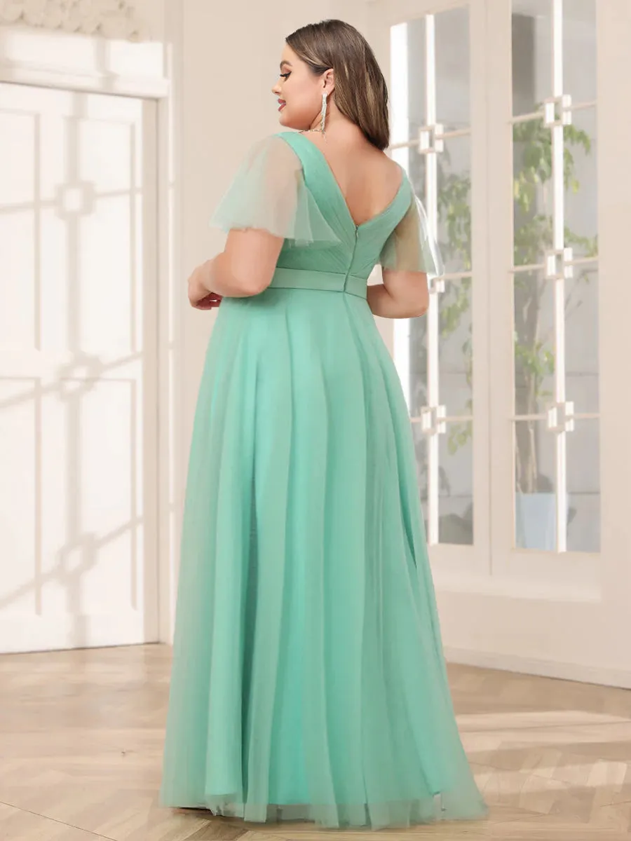 A-Line/Princess Tulle Long Plus Size Bridesmaid Dresses with Sleeves sold by Lavetir product image thumbnail 2