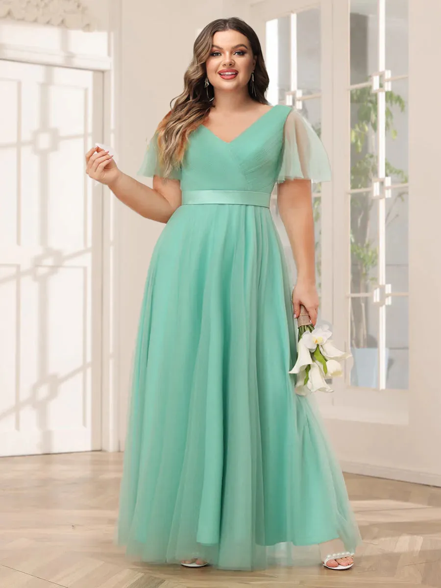 A-Line/Princess Tulle Long Plus Size Bridesmaid Dresses with Sleeves sold by Lavetir