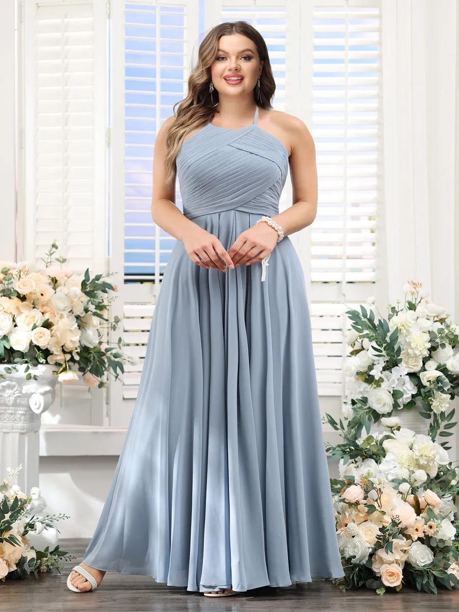 A-Line Halter Sleeveless Ruched Floor-Length Chiffon Plus Size Bridesmaid Dresses sold by Lavetir