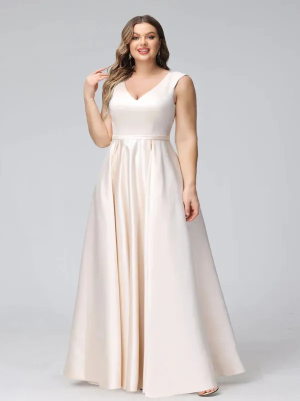 A-Line V-Neck Sleeveless Floor-Length Satin Plus Size Bridesmaid Dresses With Pockets sold by Lavetir