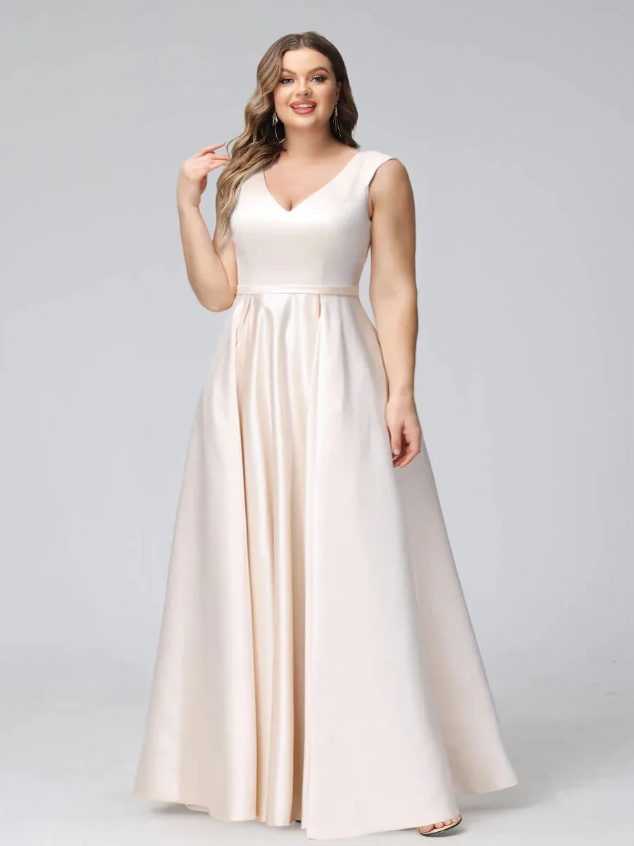 A-Line V-Neck Sleeveless Floor-Length Satin Plus Size Bridesmaid Dresses With Pockets sold by Lavetir