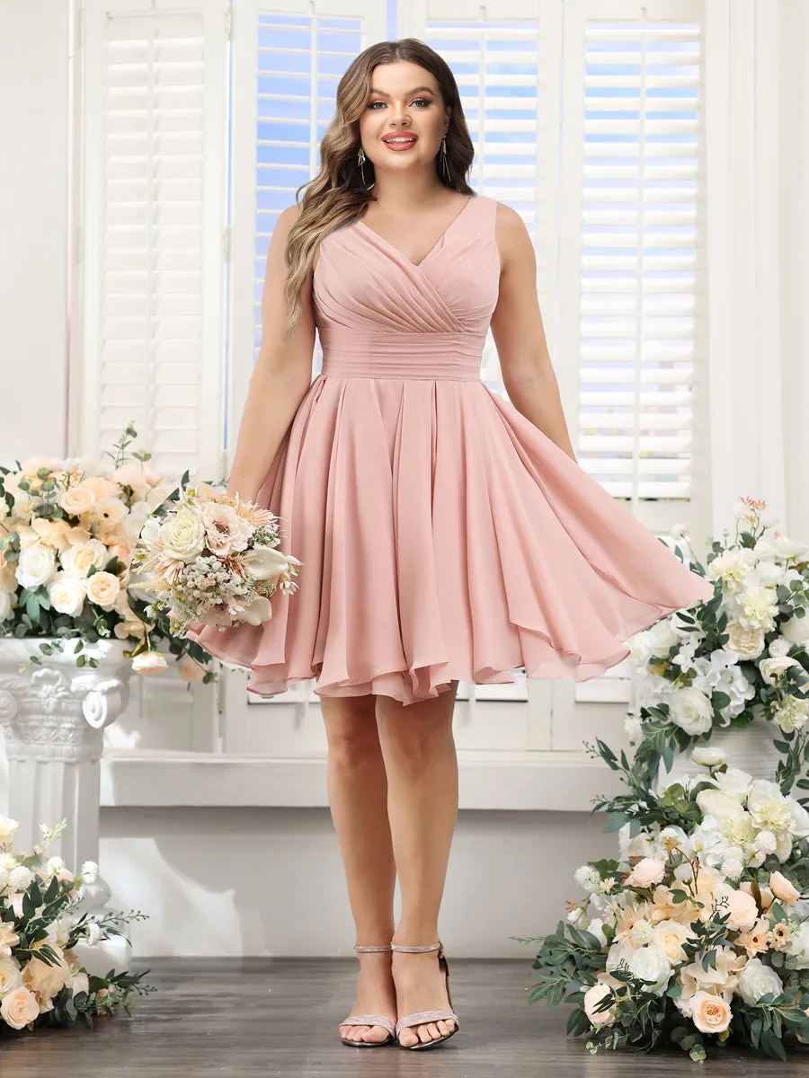 A-Line V-Neck Sleeveless Ruched Chiffon Short Plus Size Bridesmaid Dresses sold by Lavetir