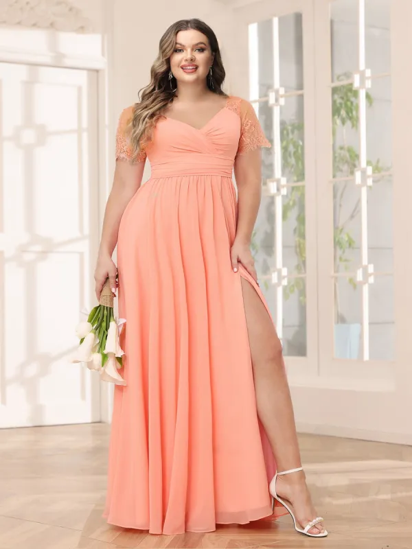A-Line/Princess V-Neck Long Plus Size Bridesmaid Dresses with Split Side sold by Lavetir