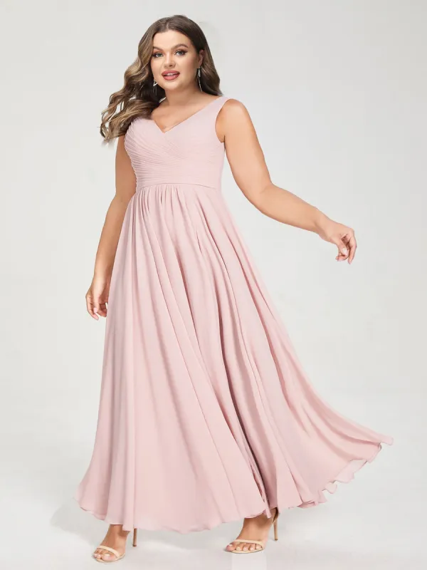 A-Line/Princess Chiffon V-Neck Sleeveless With Pleats Floor-Length Lace Up Plus Size Bridesmaid Dresses sold by Lavetir
