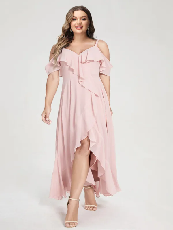 A-Line/Princess Chiffon Spaghetti Straps V-Neck Short Sleeves With Ruffles Asymmetrical Plus Size Bridesmaid Dresses sold by Lavetir