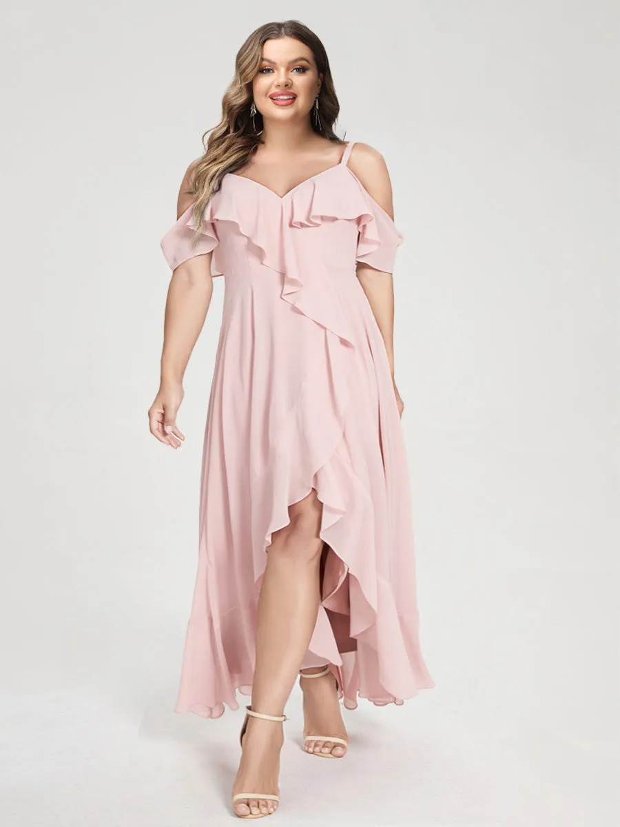 A-Line/Princess Chiffon Spaghetti Straps V-Neck Short Sleeves With Ruffles Asymmetrical Plus Size Bridesmaid Dresses sold by Lavetir