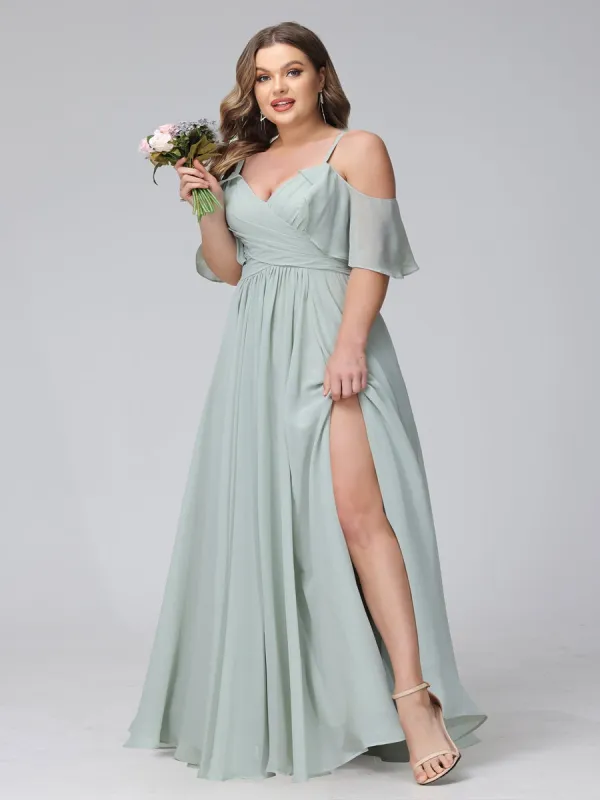 A-Line V-Neck Chiffon Long Plus Size Bridesmaid Dresses With Split Side & Spaghetti Straps sold by Lavetir
