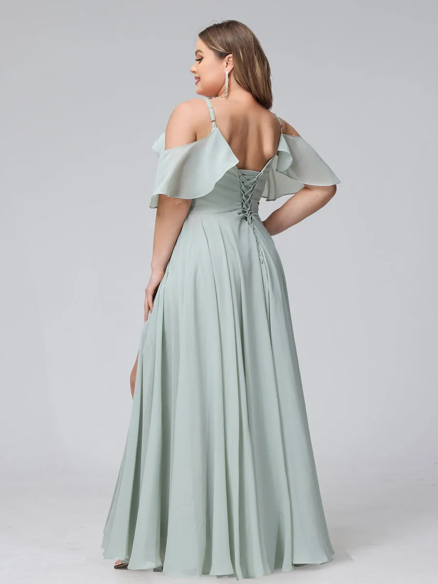 A-Line V-Neck Chiffon Long Plus Size Bridesmaid Dresses With Split Side & Spaghetti Straps sold by Lavetir product image thumbnail 2
