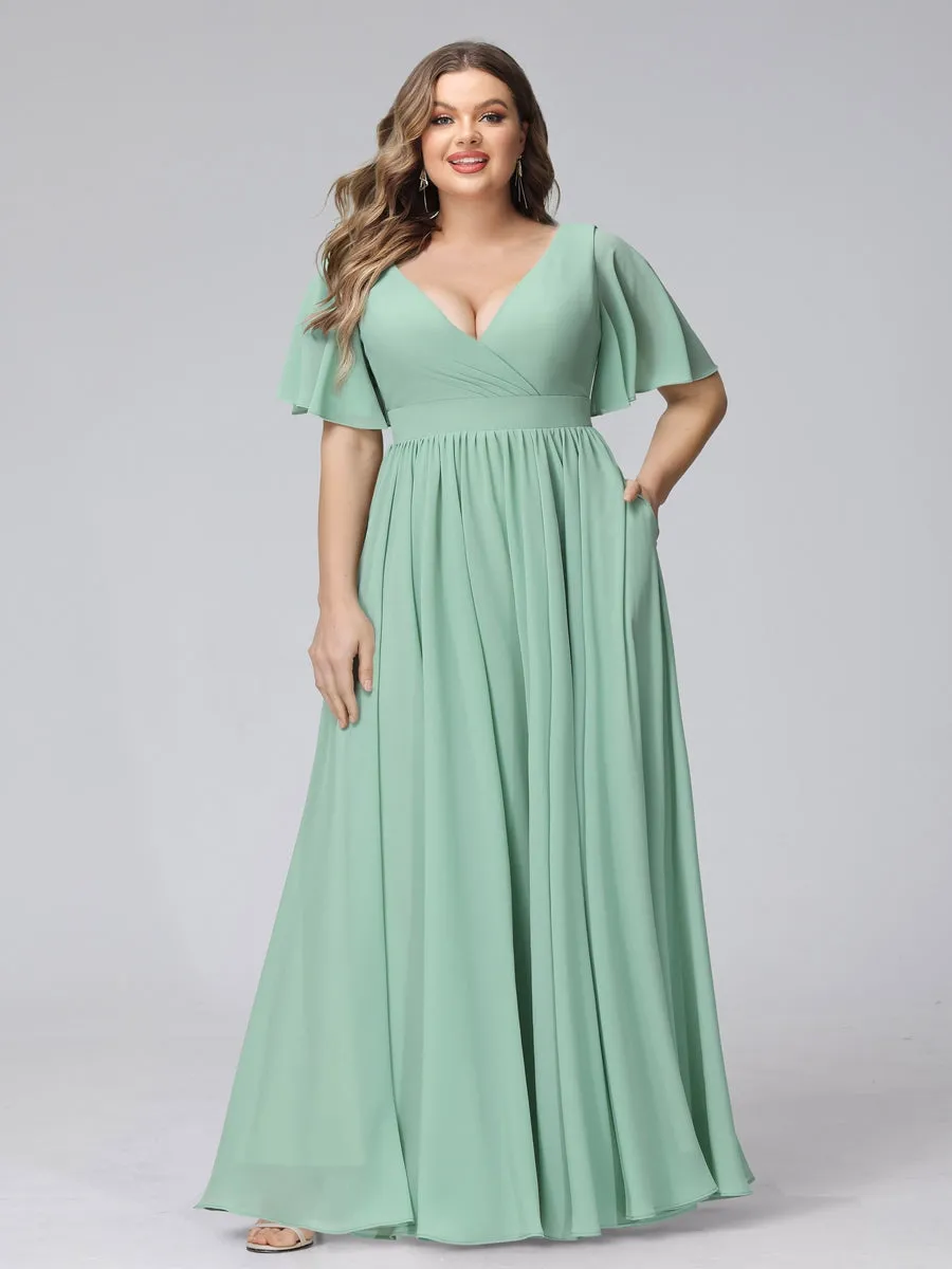 A-Line V-Neck Half Sleeves Long Chiffon Plus Size Bridesmaid Dresses with Ruffles Split Side Pockets sold by Lavetir