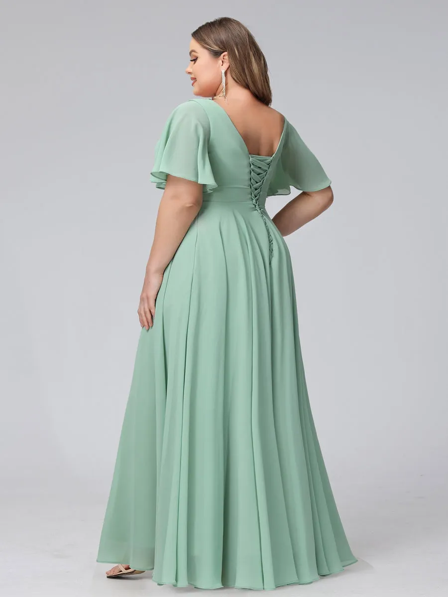 A-Line V-Neck Half Sleeves Long Chiffon Plus Size Bridesmaid Dresses with Ruffles Split Side Pockets sold by Lavetir product image thumbnail 2