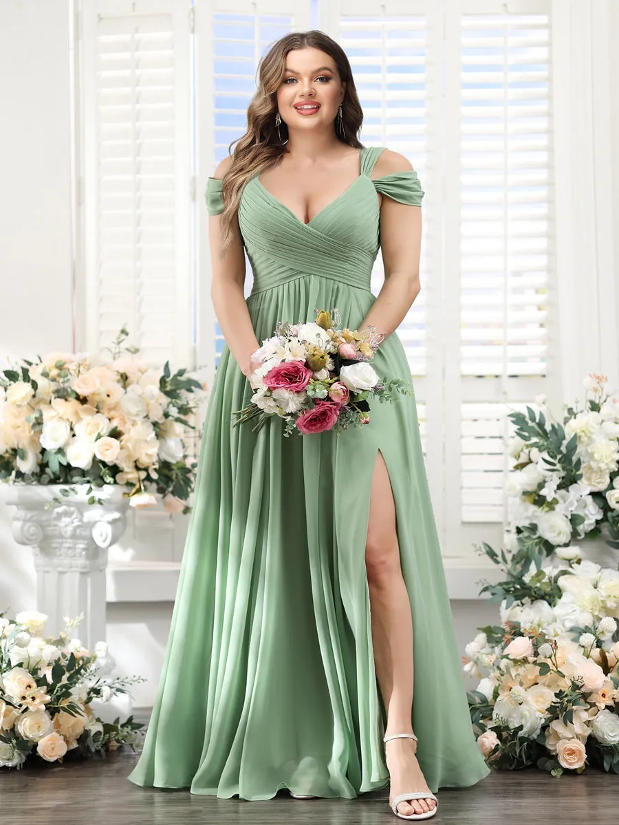 A-Line V-Neck Split Side Ruched Floor-Length Chiffon Plus Size Bridesmaid Dresses sold by Lavetir