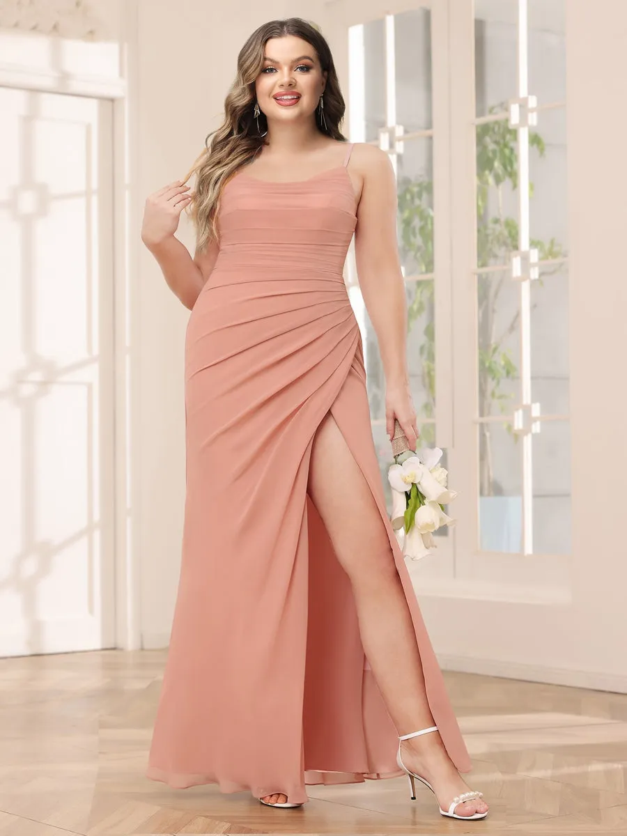 Sheath/Column Spaghetti Straps Long Plus Size Bridesmaid Dresses with Split Side sold by Lavetir