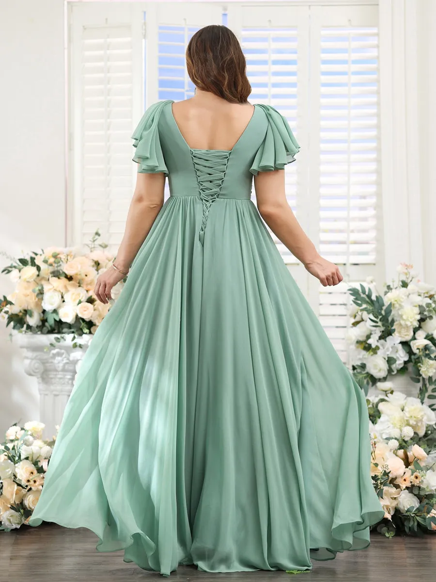 A-Line V-Neck Short Sleeves Split Side Chiffon Plus Size Bridesmaid Dresses with Pockets sold by Lavetir product image thumbnail 2