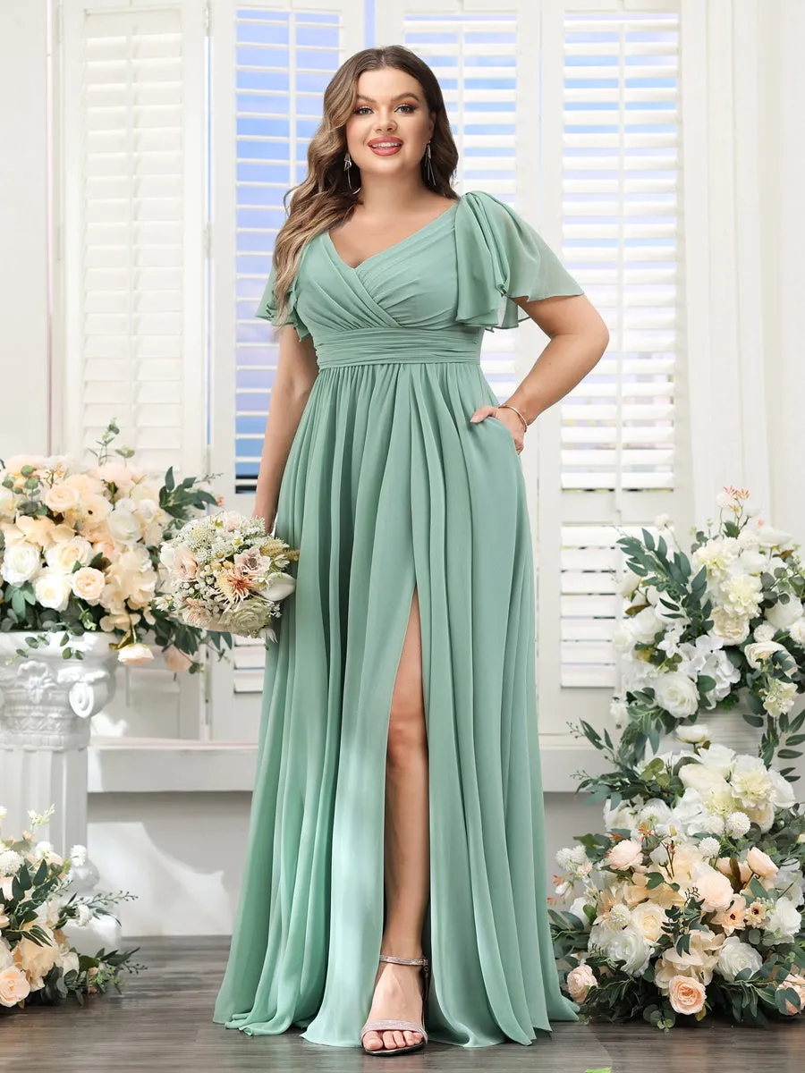A-Line V-Neck Short Sleeves Split Side Chiffon Plus Size Bridesmaid Dresses with Pockets sold by Lavetir