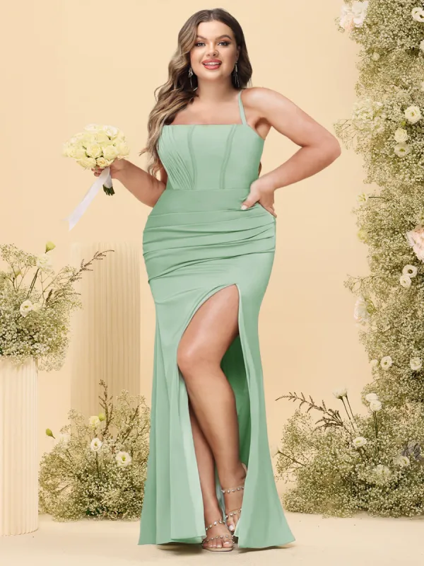 Sheath/Column Spaghetti Straps Long Formal Plus Size Dresses with Split Side & Ruched sold by Lavetir