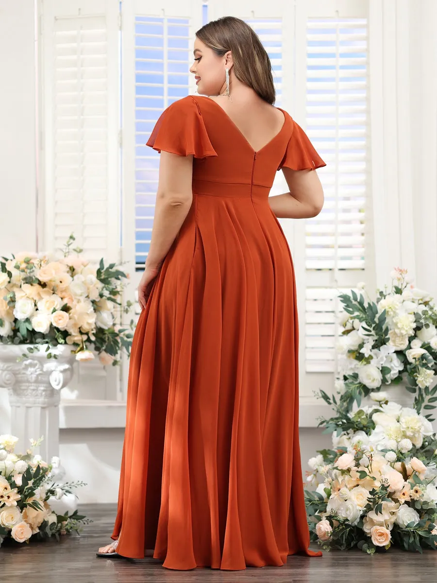 A-Line V-Neck Short Sleeves Split Side Ruched Chiffon Plus Size Bridesmaid Dresses sold by Lavetir product image thumbnail 2