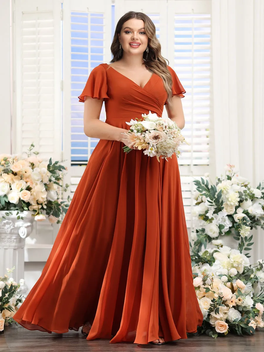 A-Line V-Neck Short Sleeves Split Side Ruched Chiffon Plus Size Bridesmaid Dresses sold by Lavetir
