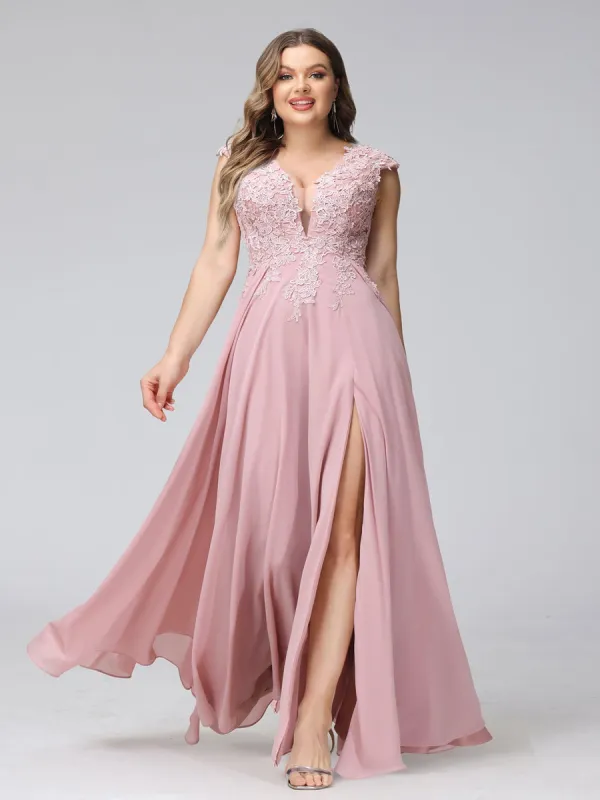 A-Line V-Neck Sleeveless Chiffon Long  Plus Size Bridesmaid Dresses With Applique Split Side sold by Lavetir