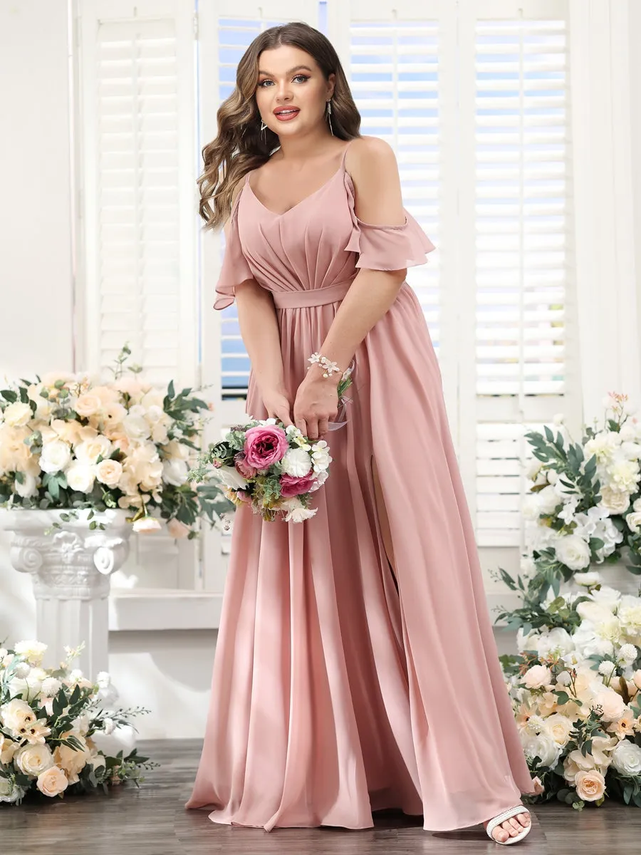A-Line Spaghetti Straps Split Side Ruched Floor-Length Chiffon Plus Size Bridesmaid Dresses sold by Lavetir