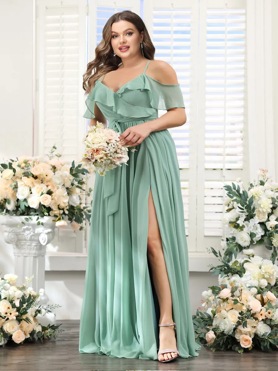 A-Line V-Neck Spaghetti Straps Chiffon Plus Size Bridesmaid Dresses with Pockets sold by Lavetir