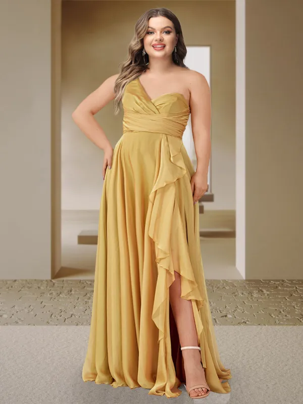 A-Line/Princess One-Shoulder Sleeveless Ruched Plus Size Bridesmaid Dresses with Side Slit & Ruffles sold by Lavetir