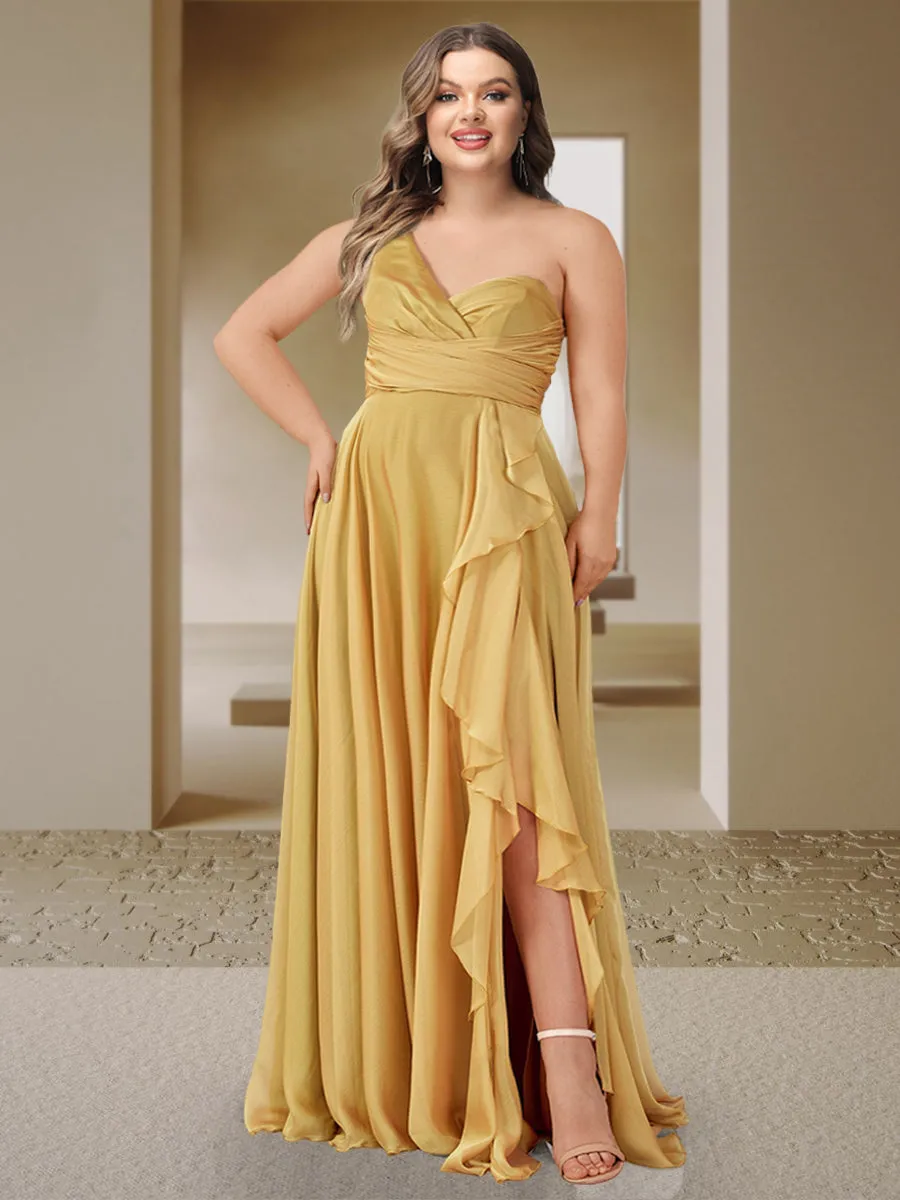 A-Line/Princess One-Shoulder Sleeveless Ruched Plus Size Bridesmaid Dresses with Side Slit & Ruffles sold by Lavetir