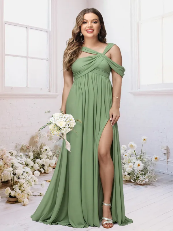 A-Line/Princess Criss Cross Floor-Length Chiffon Ruched Plus Size Bridesmaid Dresses with Split Side sold by Lavetir