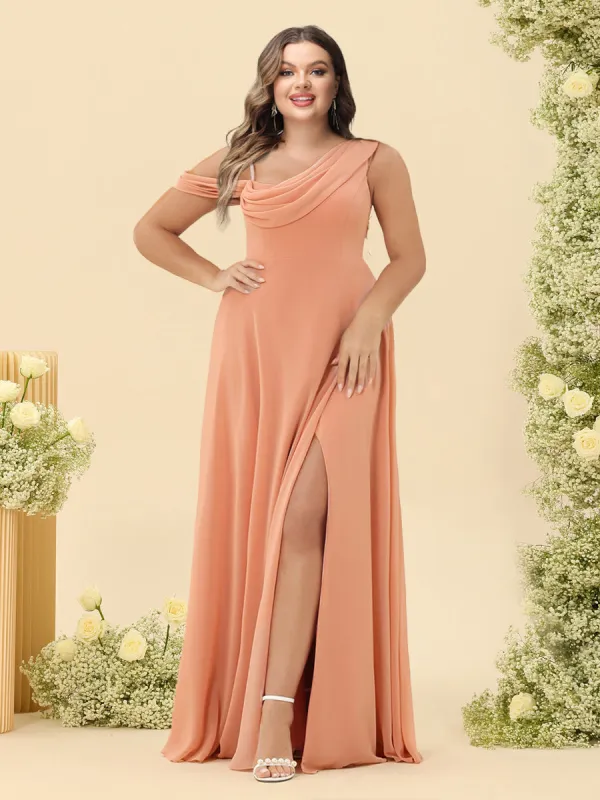 A-Line/Princess Cowl Neck Floor-Length Chiffon Long Plus Size Bridesmaid Dresses with Split Side sold by Lavetir