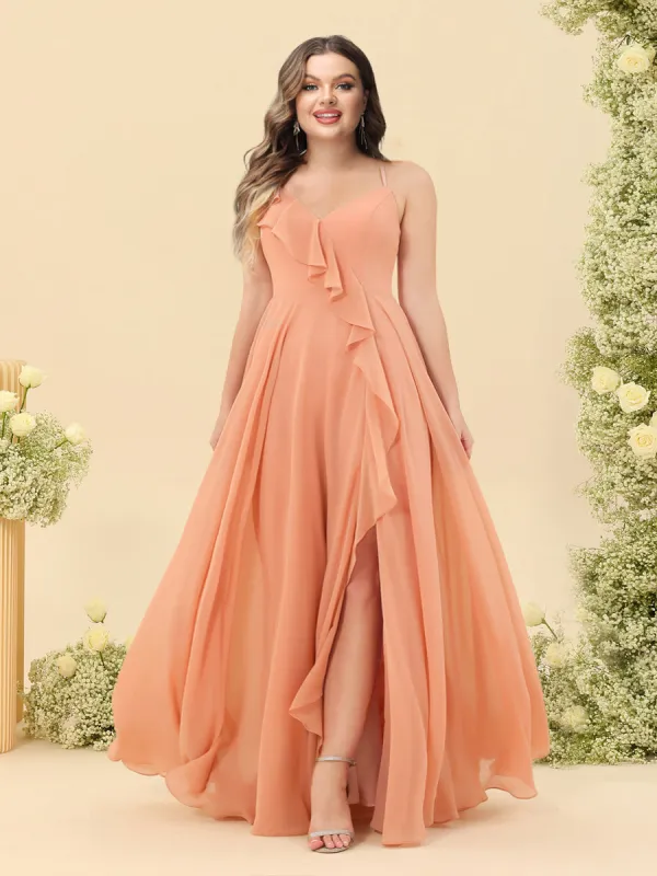 A-Line/Princess Spaghetti Straps V-Neck Long Plus Size Bridesmaid Dresses with Split Side & Ruffles sold by Lavetir